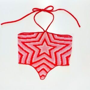 Pink & Red Star Print Asymmetrical Bandeau Halter Crop Top Y2K